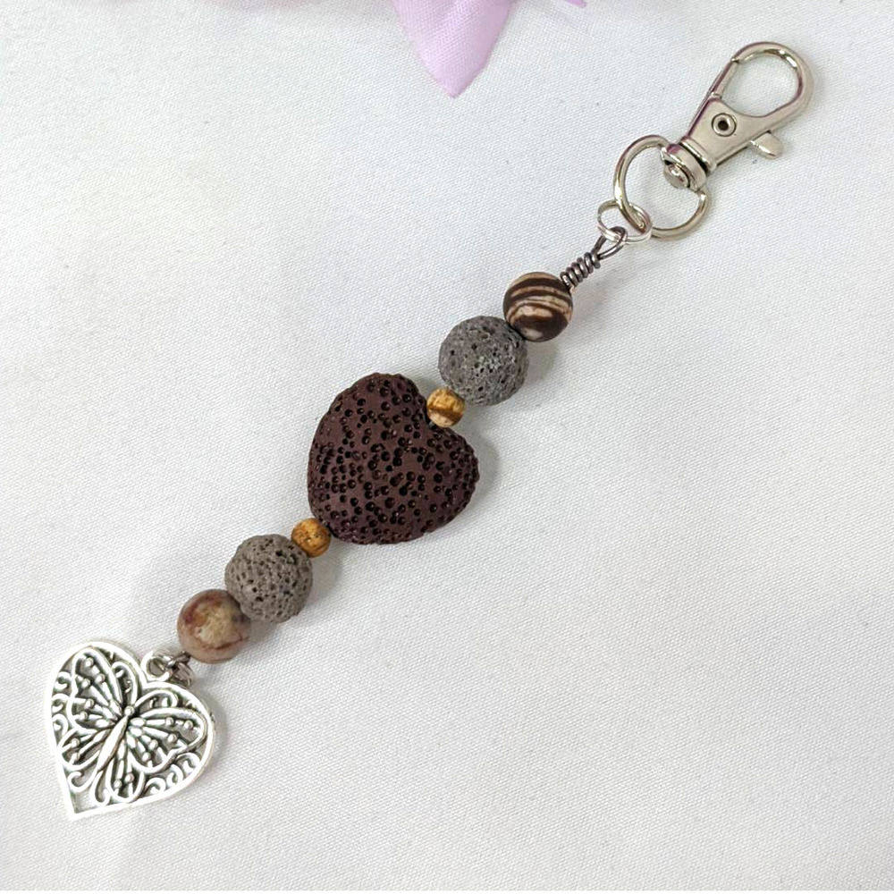 Hand Crafted Brown and Silver Heart Lava Stone Keychain - Picture 6 of 6